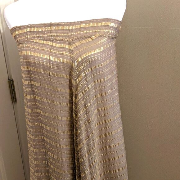 JAY AHR taupe & gold striped strapless floor length maxi dress, soie silk M - Picture 2 of 7